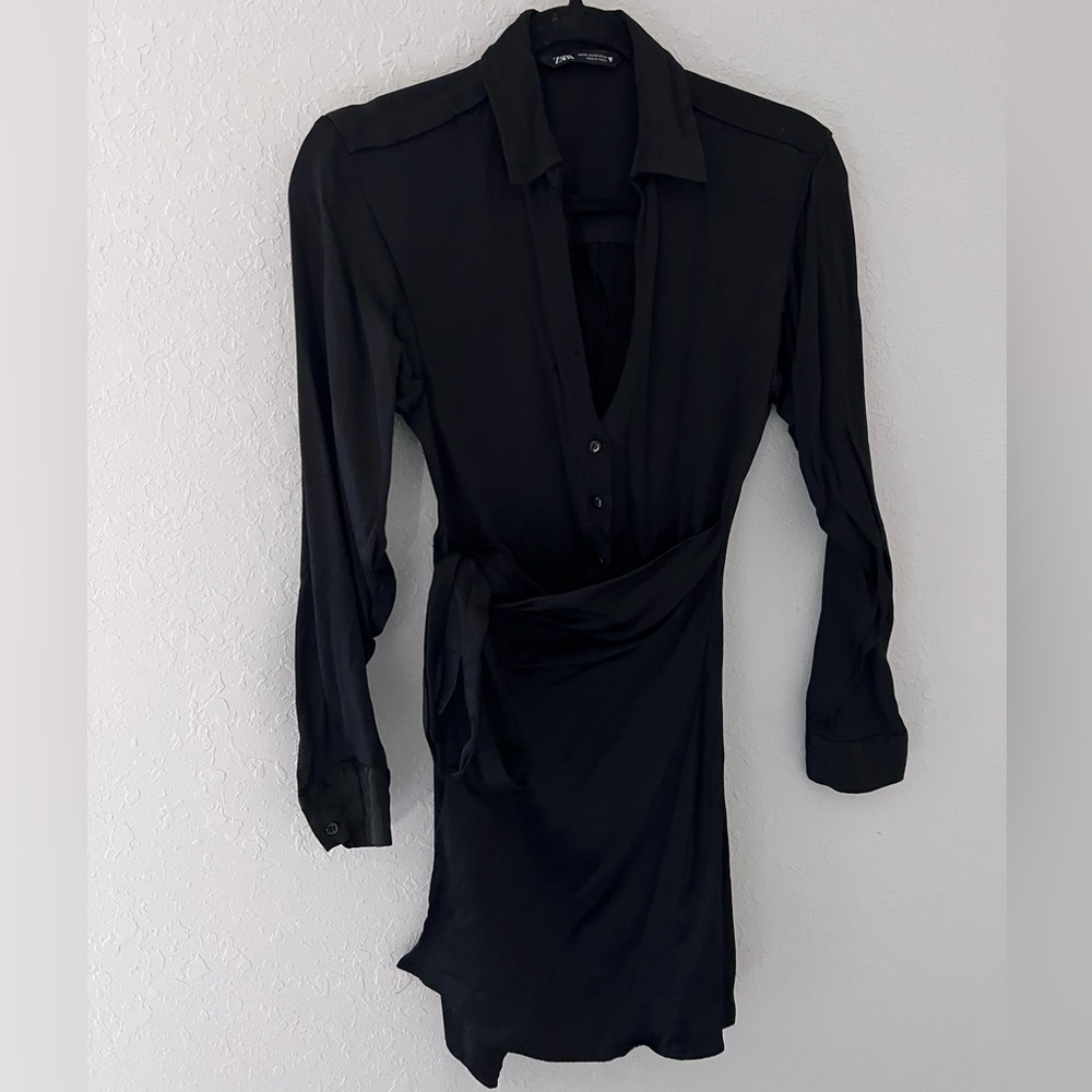 Zara Black Satin Wrap Dress size xs